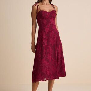 Lulus Loveliest Looks Burgundy Floral Jacquard Tie-strap Midi Dress Red - Size S